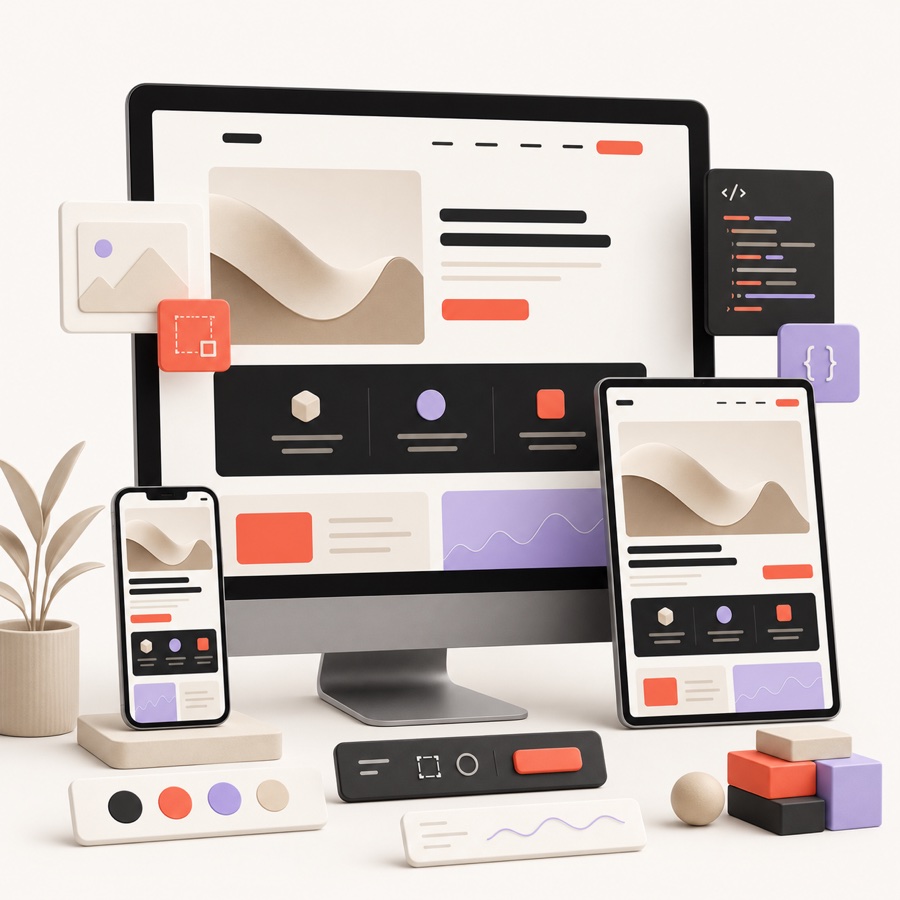 Sistema visual de desarrollo web responsivo en computadora, tableta y teléfono