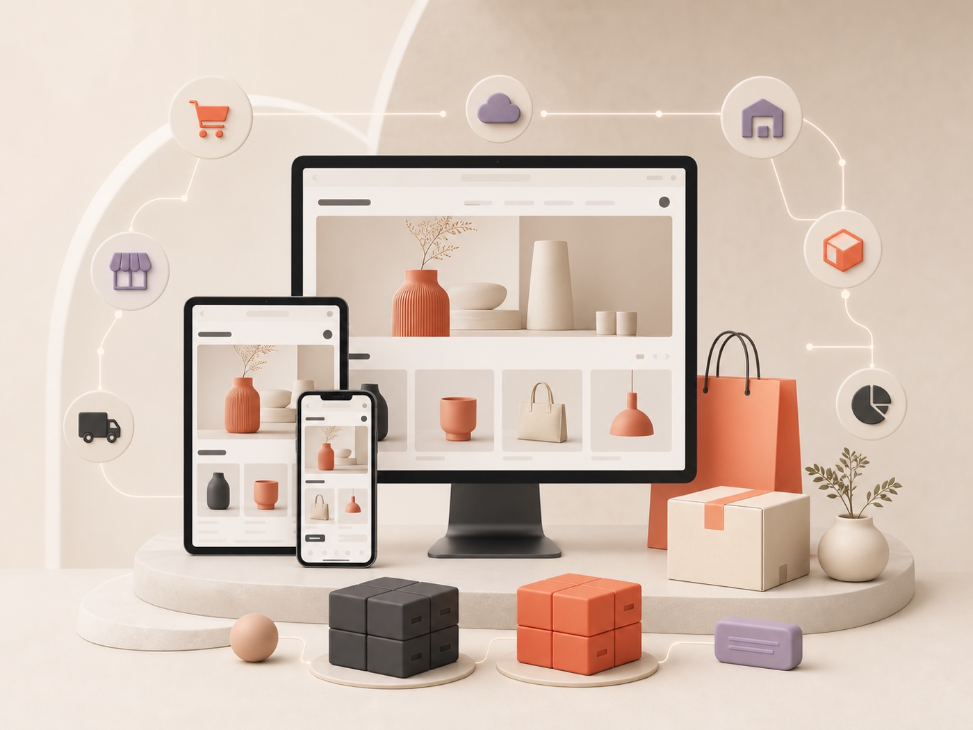 Escenario conceptual de una tienda en línea conectada con distintos canales de venta