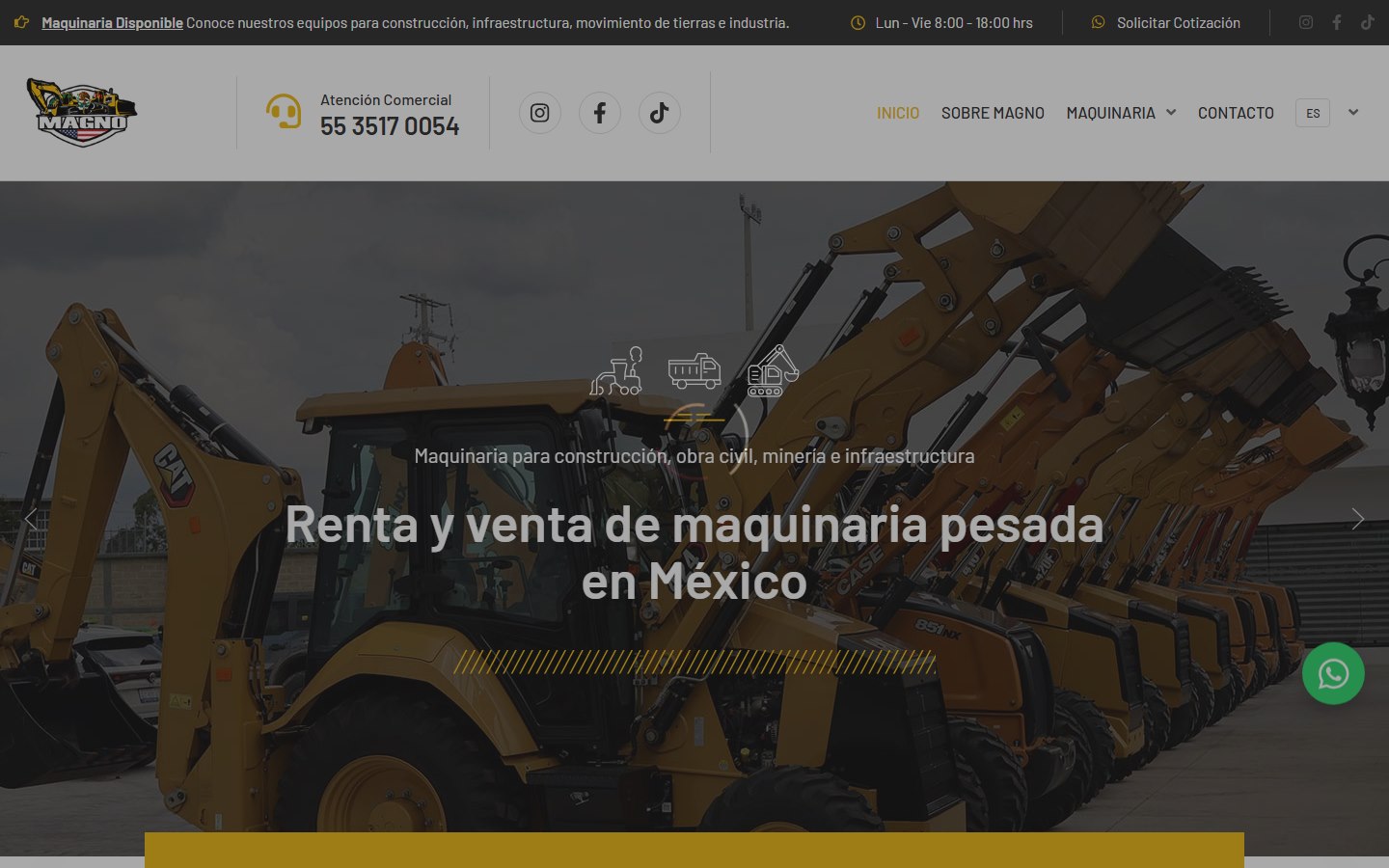 Página principal de MAGNO con maquinaria pesada para renta y venta