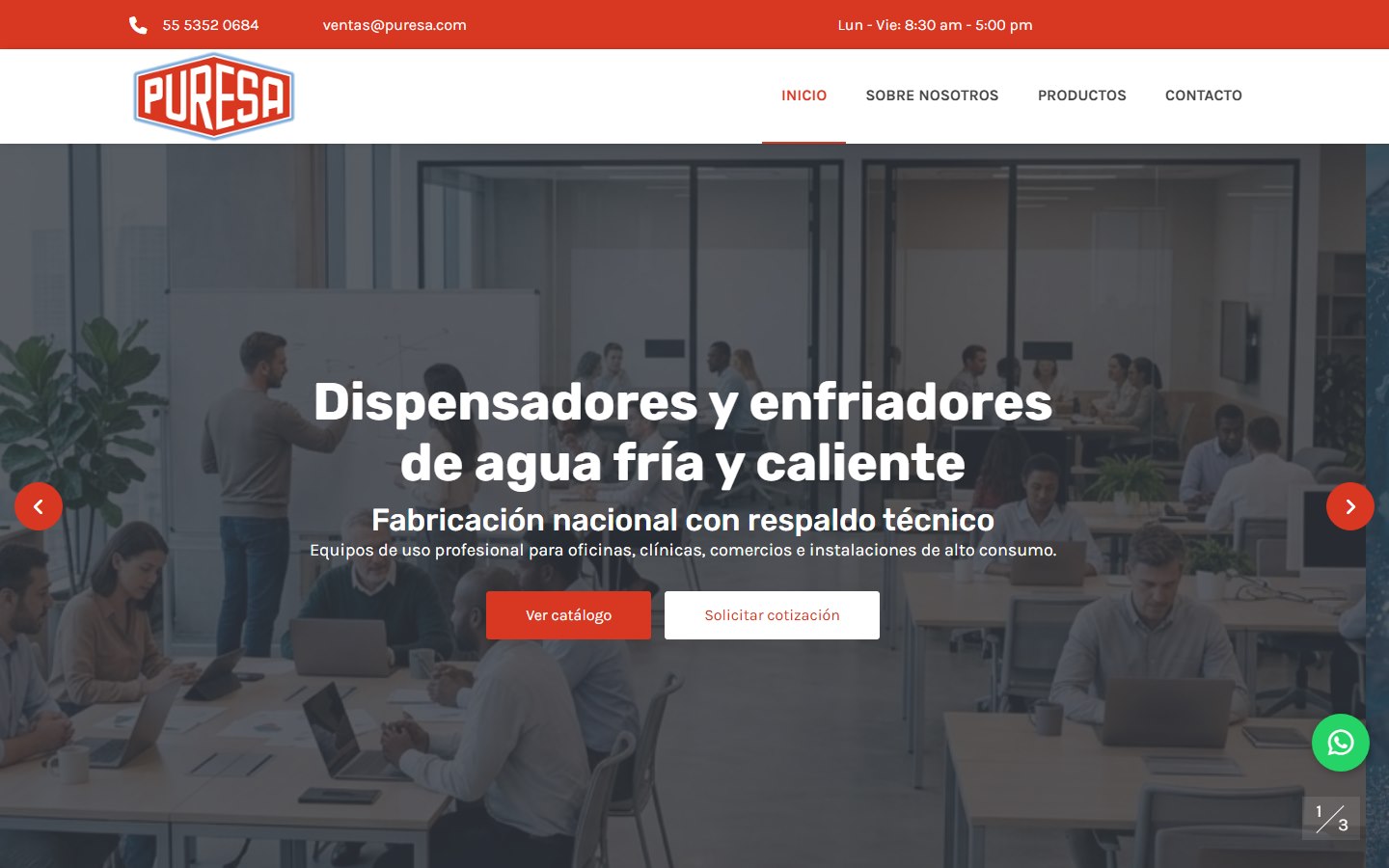 Página principal de Puresa con un dispensador y sistema de purificación de agua
